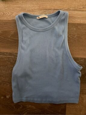 Zara High-Neck Ribbed Crop Tank Top — Light Blue